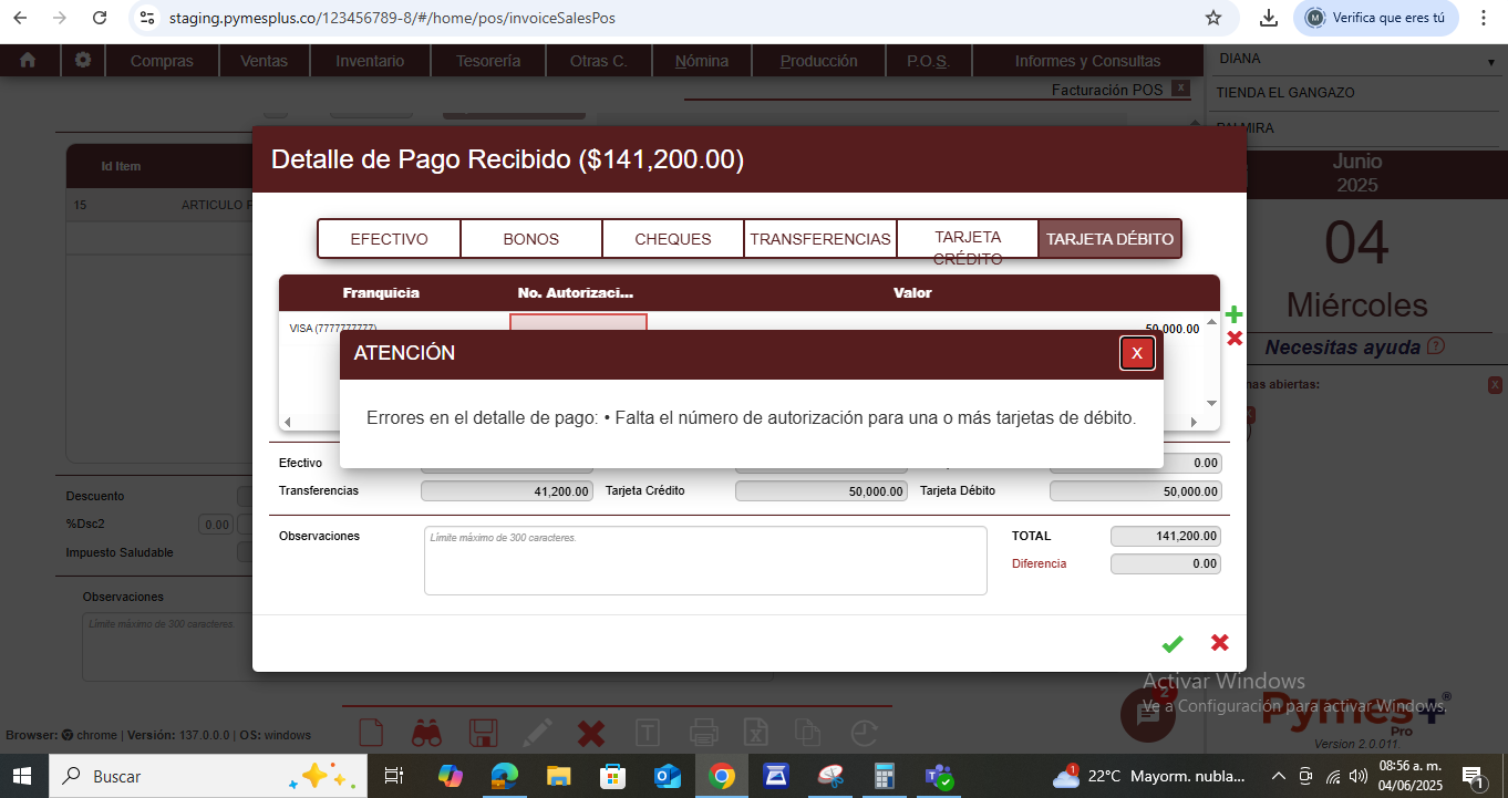 Detalle de pago mensaje error
